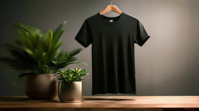presentation of a mockup of a plain black t-shirt hanging, with front view, 4k resolution footage, generated ai