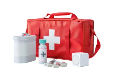 Red first aid kit with medical supplies including pills, bottles, and containers. Essential for emergency situations and healthcare needs.