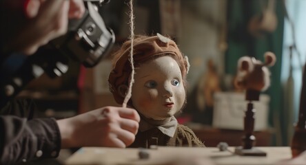 Puppet Master Creating Animated Doll with Strings and Dials, Capturing Intricate Details in Each Gesture Using Camera as Tool