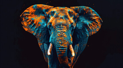 Obraz premium abstract digital painting of an elephant on a black background, using orange and blue colors, in a dark art style, fantasy concept art depicted at a giant scale