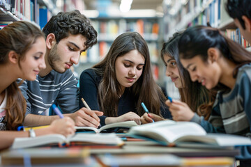 Group of students studying together in a library