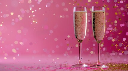 Two Glasses of Champagne on a Pink Background with Sparkling Confetti: Celebration in Style