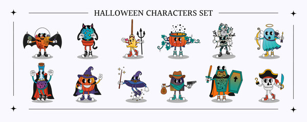Set of Halloween groovy cartoon characters. Vector illustration with cute characters in retro style