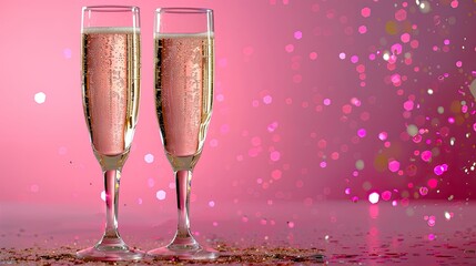 Two Glasses of Champagne on a Pink Background with Sparkling Confetti: Celebration in Style