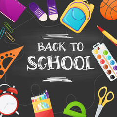 Back to school banner, poster, social media post design. School supplies illustration.