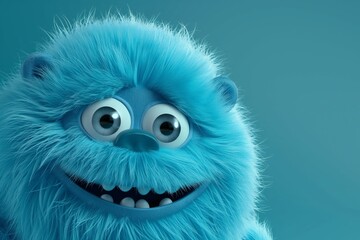 Obraz premium Close-Up of Cute Light Blue Fluffy Monster with Big Eyes on Teal Background. Perfect for Halloween and children's designs.