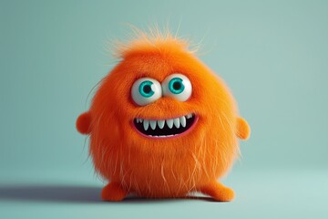 Orange Fluffy Monster with Big Eyes on Light Blue Background. Perfect for Halloween and children's designs.