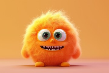 Obraz premium Orange Fluffy Monster with Big Eyes on Orange Background. Perfect for Halloween and children's designs.
