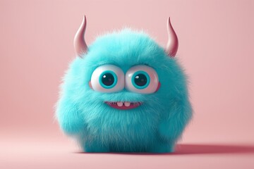 Fototapeta premium Adorable Blue Fluffy Monster with Big Eyes and Horns on Pink Background. Ideal for Halloween and children's designs.