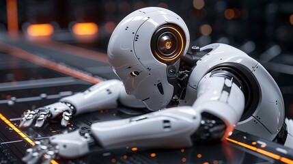 Fototapeta premium A close-up view of a white robot working on a futuristic project in a metal workshop