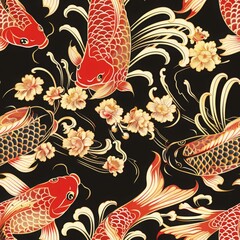 Elegant koi fish swimming among golden flowers on black background seamless pattern