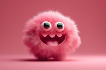 Fototapeta premium Cute Pink Fluffy Monster with Big Eyes on Pink Background. Perfect for children's designs and Halloween themes.