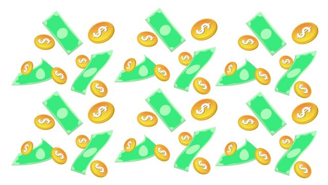 Falling green paper bills and gold coins in cartoon style. Success in business and finance.