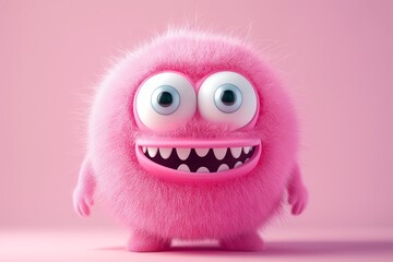 Cute Pink Fluffy Monster with Big Eyes on Pink Background. Perfect for children's designs and Halloween themes.