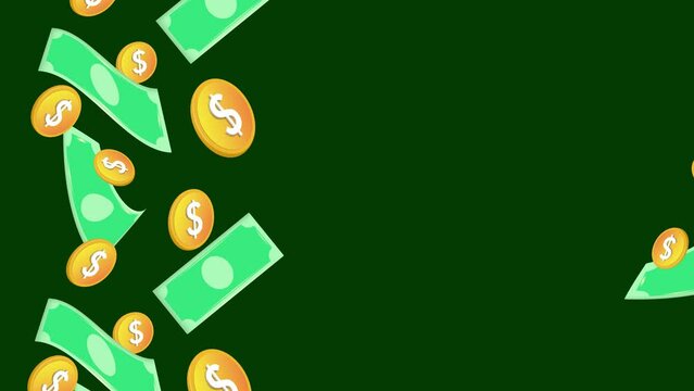 Falling green paper bills and gold coins in cartoon style. Success in business and finance.