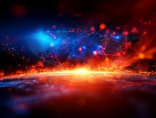 Obraz premium A stunning digital illustration of a futuristic global network connecting continents with glowing red and blue lines.