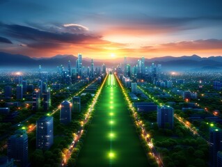 Fototapeta premium A stunning sunset over a futuristic cityscape with illuminated pathways and towering skyscrapers, blending nature with urban development.