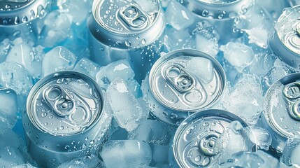 Top view of group of aluminum cans in ice, displaying cold drinks   realistic photo