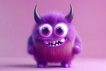 Fototapeta premium Cute Purple Fluffy Monster with Big Eyes and Horns on Pink Background. Perfect for Halloween and children's designs.