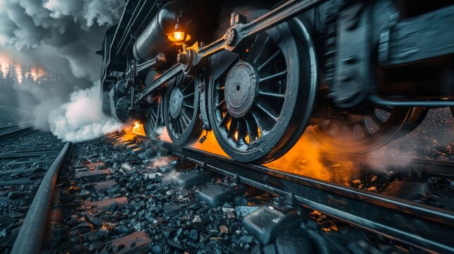 Train wheels in motion on rails, coal-filled locomotive, rugged and dynamic, capturing the essence of transportation