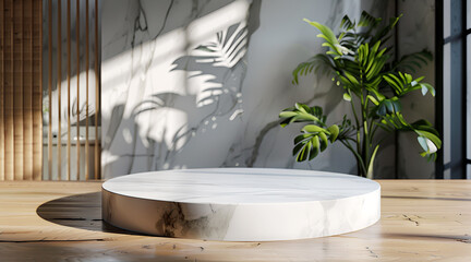 Kitchen podium background food product stand table pedestal display wooden platform. Empty podium counter wood background kitchen board desk restaurant top white light marble presentation interior.