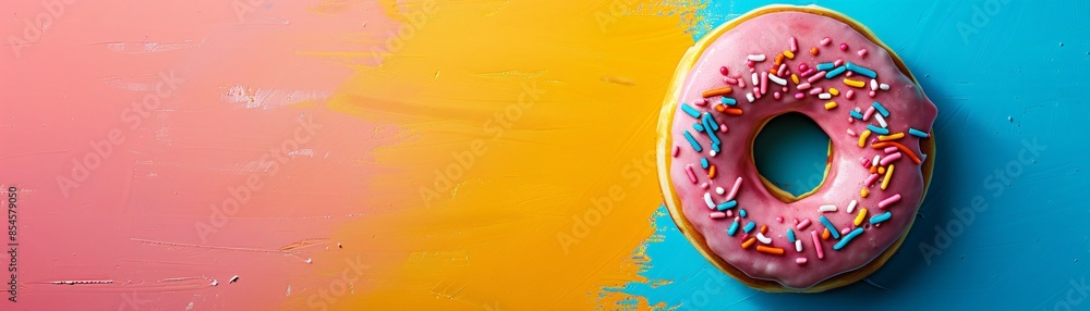 Poster featuring a donut shaped like an alarm clock on a vibrant backdrop, this image captures the playful 
