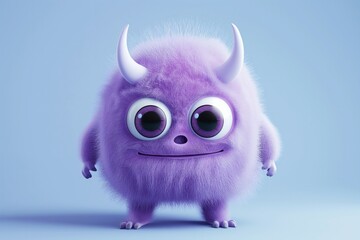Fototapeta premium Adorable Purple Fluffy Monster with Horns and Big Eyes on Light Blue Background. Ideal for Halloween and children's designs.