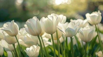 White tulip arrangement with blurred background Spring tulip festival Natural flower setting Dutch landscape