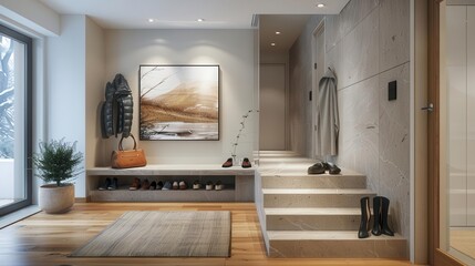 Clean and tidy entryway, organized shoes, spotless floor, minimalist design, welcoming and neat home, neo-realism