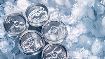 Chilled aluminum cans in ice with drink, top view   realistic photo for refreshing beverage concept
