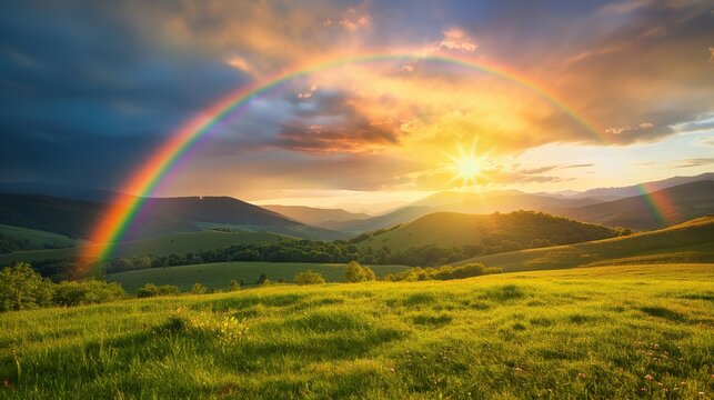 Rainbow Over Green Hills at Sunset - Spectacular rainbow stretching over green hills during a vibrant sunset. Ideal for themes of nature, beauty, and inspiration.