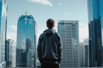 A young man stands on a rooftop gazing at a modern cityscape filled with skyscrapers. Ideal for concepts of business, urban life, and future aspirations.