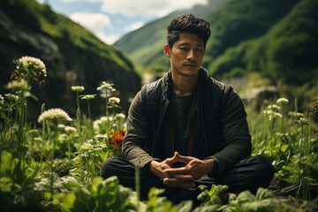 AI generated image of man meditating or making yoga in dense jungles
