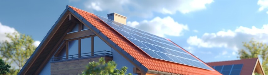 Solar panel on the roof of a house against a blue sky.