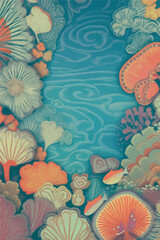 Underwater frame for text with corals and sea mushrooms. Colorful watercolor illustrations for text decoration, perfect for projects related to the sea, nature, and the underwater world.