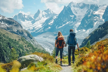 Obraz premium Young couple hiking in a scenic mountain trail outdoor