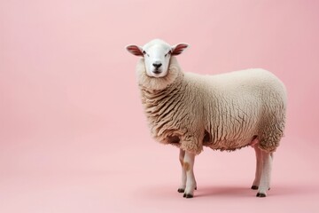 Fototapeta premium White Sheep on Pink Background - Cute Farm Animal
