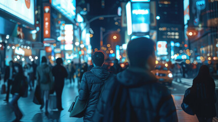 Nighttime Rush in the City. People Moving Through Busy Streets