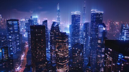 Dazzling urban landscape at night with brightly lit skyscrapers in a modern city