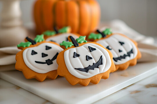 Happy Halloween day with funny Cookies, different Pumpkin biscuits on table background. Hello October, fall autumn, Traditional,
