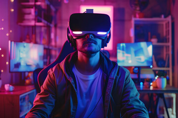 Obraz premium Virtual reality gaming setup gamer with VR headset immersive