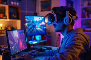Virtual reality gaming setup gamer with VR headset immersive
