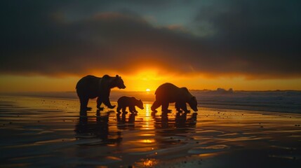 Three bears, likely a mother and her two cubs, walk along the edge of the ocean at sunset. AI.