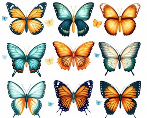 Obraz premium A set of watercolor butterflies isolated on a white background. The butterflies are in various colors, including blue, orange, yellow, and green.
