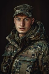 Portrait of a soldier in military uniform. AI.