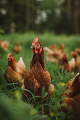 Fototapeta premium Free-Range Chickens on Farm - Brown Hens Grazing in Green Field