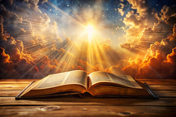Open Bible with radiant light beams and glowing particles, symbolizing divine inspiration and spiritual enlightenment.