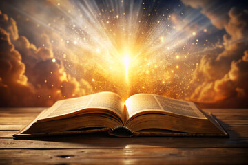 Open Bible with radiant light beams and glowing particles, symbolizing divine inspiration and spiritual enlightenment.