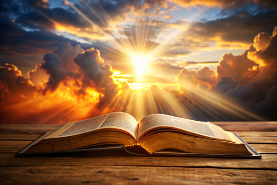 Open Bible on a wooden table with sun rays through clouds, symbolizing hope, faith, and spiritual guidance.