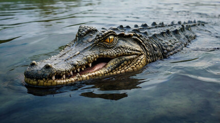 Obraz premium Watercolor painting: A stealthy crocodile lurking beneath the surface of a murky river, its powerful jaws and cunning instincts making it a formidable predator,